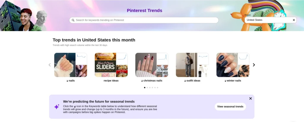 Screenshot of hero image and search bar on Pinterest Trend