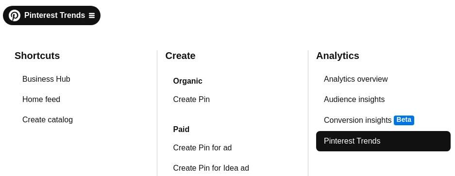 Screenshot showing where to find Pinterest Trends in the menu