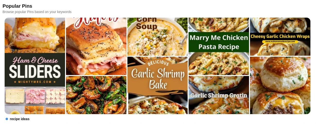 Screenshot of popular pins for "Recipe Ideas" on Pinterest